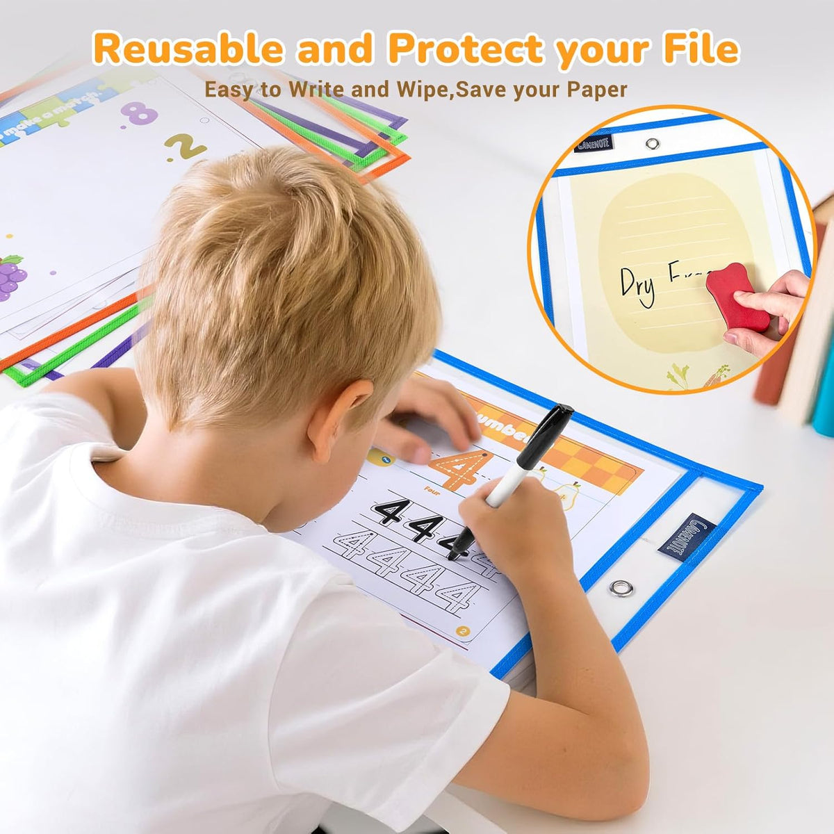 Gamenote 55 Pack Dry Erase Pockets with 5 Rings, 11 Assorted Colors 10x14 Oversized Reusable Plastic Sleeves, Clear Sheet Protectors, Teacher Supplies for Classroom Organization