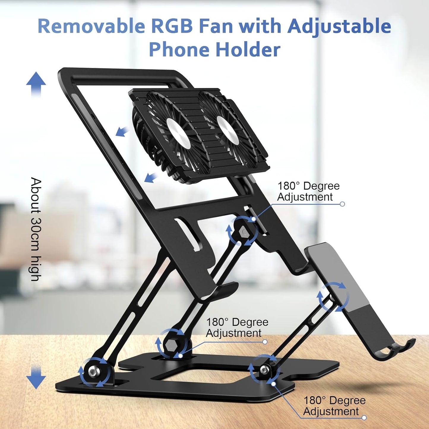 Laptop Stand with Fan, MacBook Cooling Stand with 2 Removable Silent Fans and Phone Holder,Adjustable Height and Angle,Laptop Cooling Pad for 10-18 Inch Laptop,MacBook Pro,Tablet (Black)
