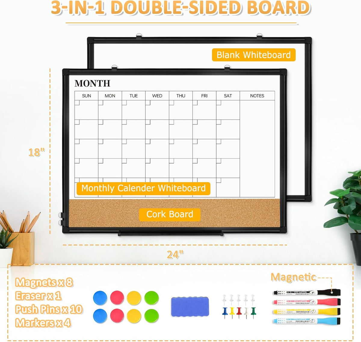 Dry Erase Calendar Board for Wall, 24"x18" Magnetic Whiteboard Calendar Double-Sided Monthly White Board with Cork Board, Black Aluminum Frame Memo Message Board for Office, Home, School
