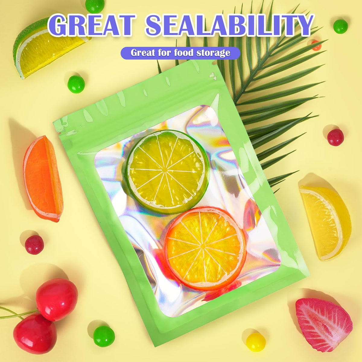 300 Pcs Mylar Bags, Smell Proof Bags Foil Pouch, Holographic Resealable Bags for Small Business, Candy Sample Jewelry Bag Sealable Packaging for Party Favor Food Storage (5.5x7.9in-Green)