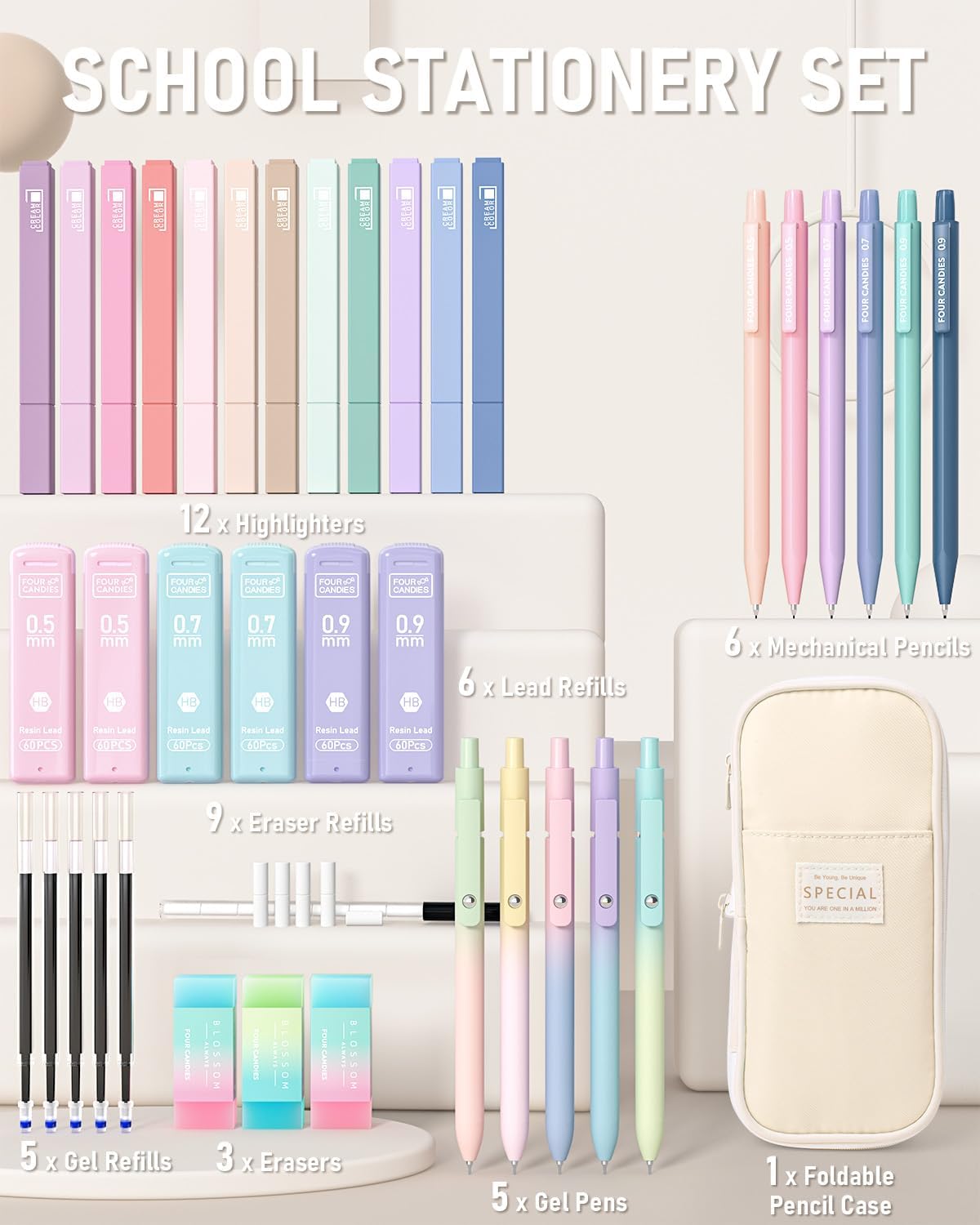 Four Candies 39 PCS Cute School Supplies with Pen Case for Girls - 5 Black Ink Gel Pens, 12 Pastel Highlighters, 6 Aesthetic Mechanical Pencils Set for Stationary College Essentials (Cream)