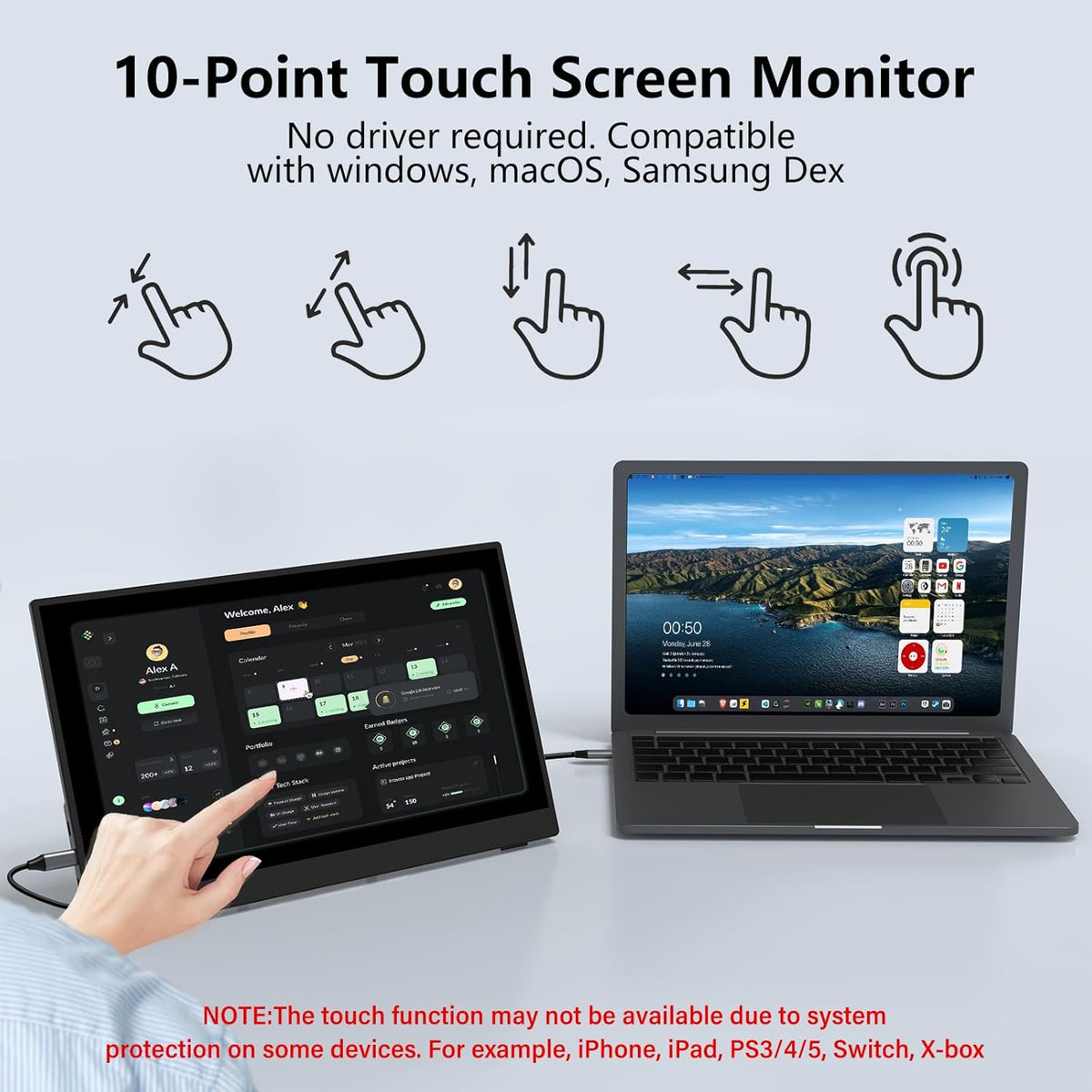 InnoView Portable Monitor Touchscreen 15.6" 1080P 10-Point Touch Screen Monitor Portable with Protective Sleeve Built-in Stand, 1200:1 HDMI USB C Travel Monitors for Laptop, PC, Phone
