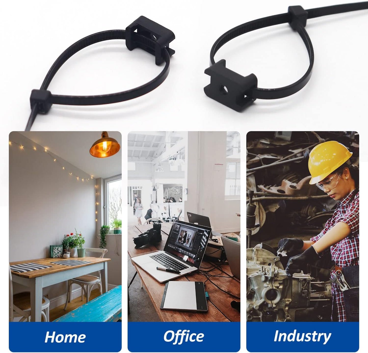 Cable Zip Tie Mounts Kit - 60 Set Wire Cable Clips Organizer Holders with 8" Cable Ties, Saddle Type Mounts Base and Tapping Screw, Black