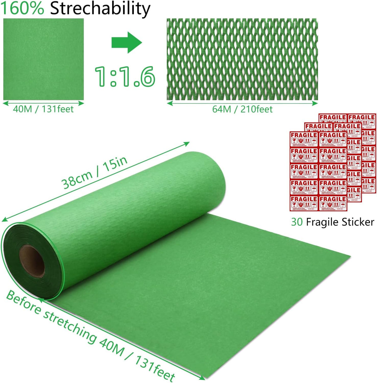Honeycomb Packing Paper PINENUTS 15" x 131' Eco Friendly Packing Paper for Moving Recyclable Honeycomb Paper Bubble Paper Wrapping with 30 Fragile Sticker Labels and 66fthemp rope (Christmas green)