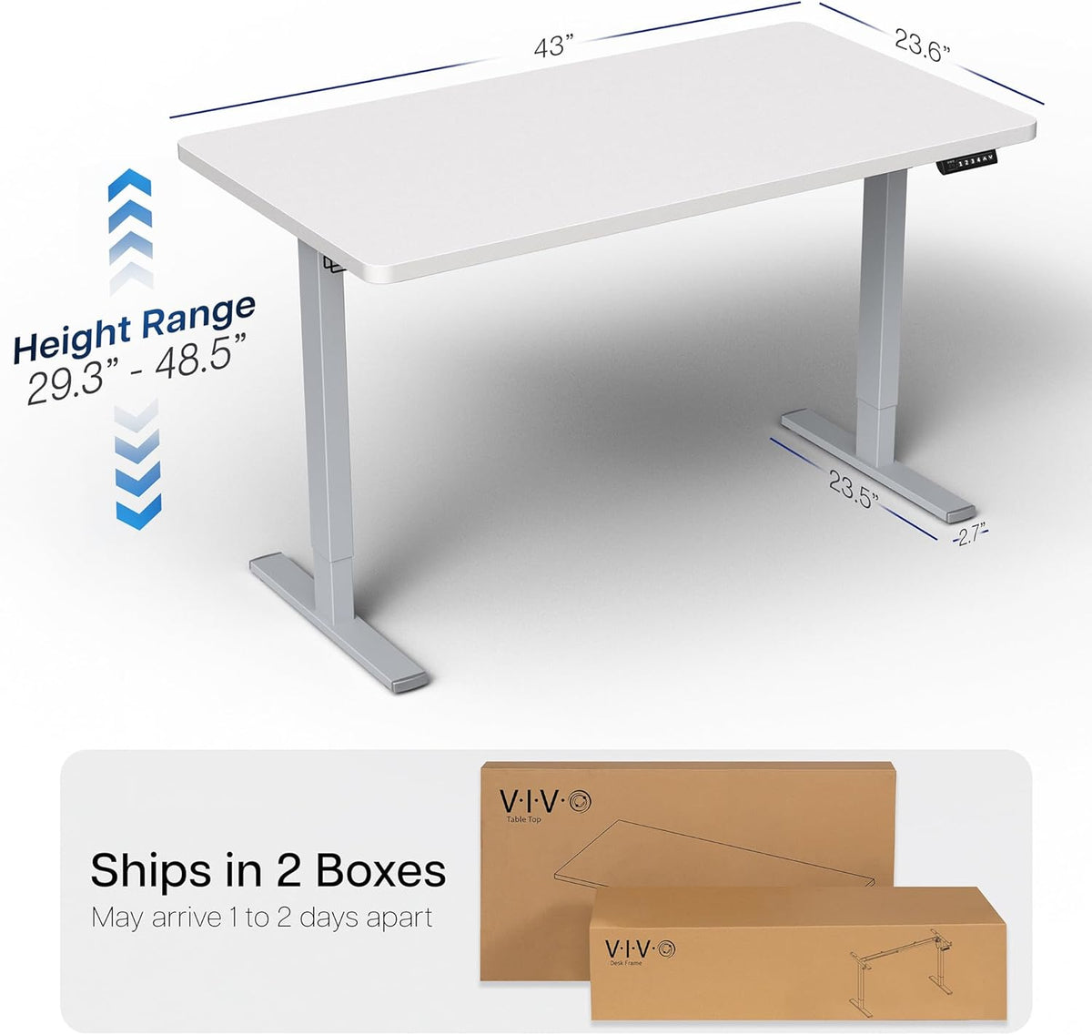 VIVO Electric 43 x 24 in Standing Desk, Memory Height Adjustment, 1B Series, One-Piece White Top, Gray Frame, DESK-KIT-1G4W