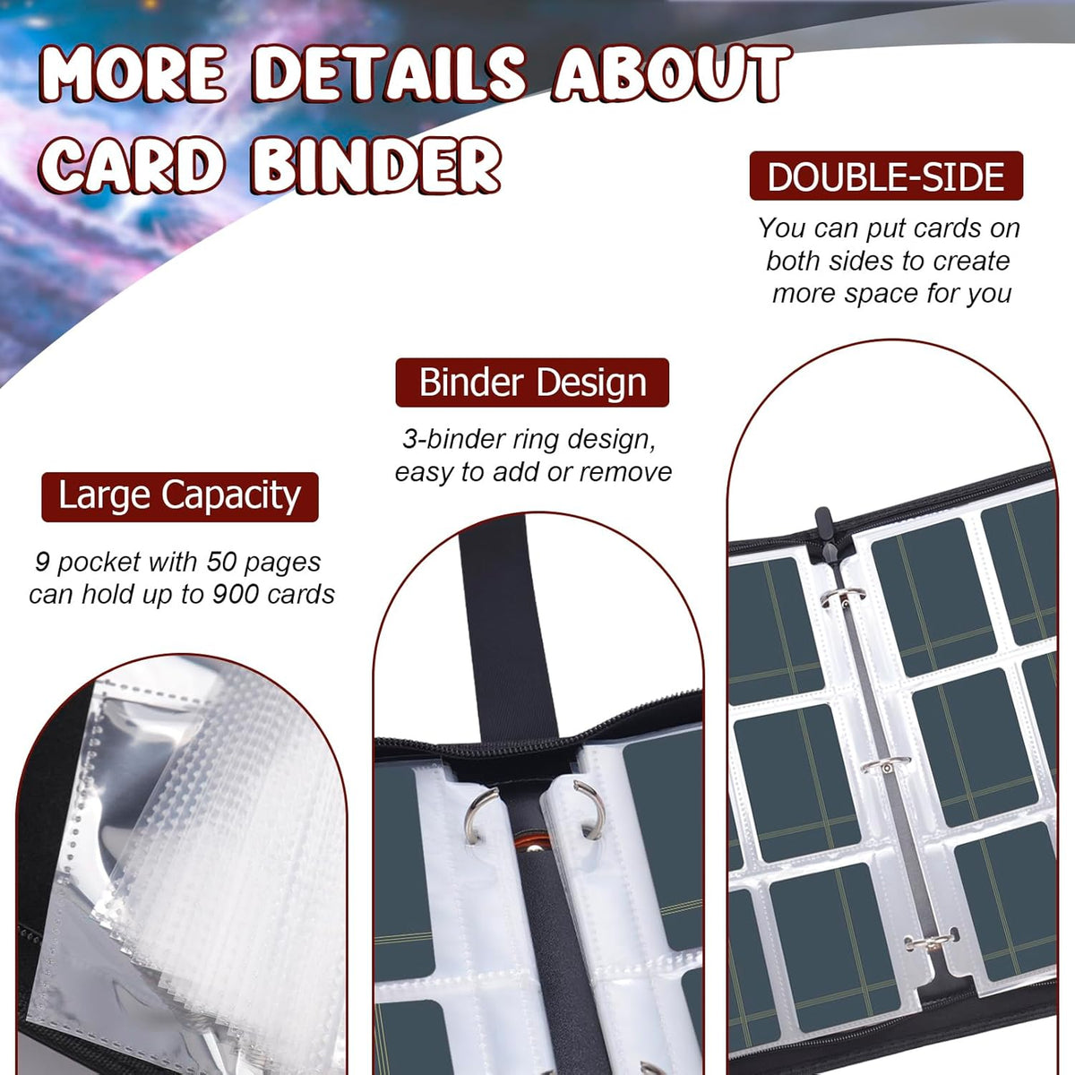 Card Binder 900 Pockets, Trading Card Binder 9 Pocket Card Collector Album Card Collection Binder with 50 Removable Card Sleeves for Boys and Girls Organized