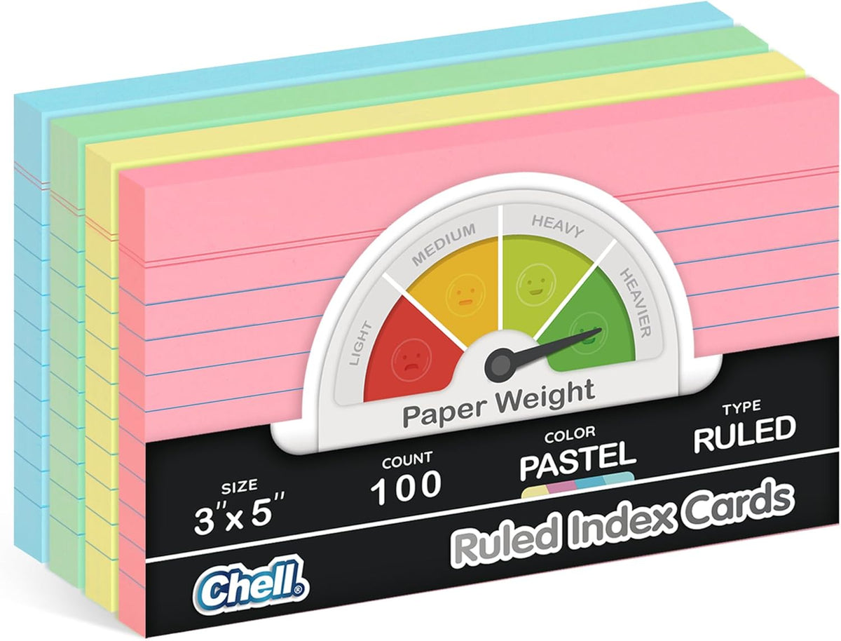 Chell Extra Heavyweight Index Cards 3x5 Inch, No Bleed-Through, 100 Count, Ruled Front and Blank Back, 80 lb. Cover Weight, Pastel Colors