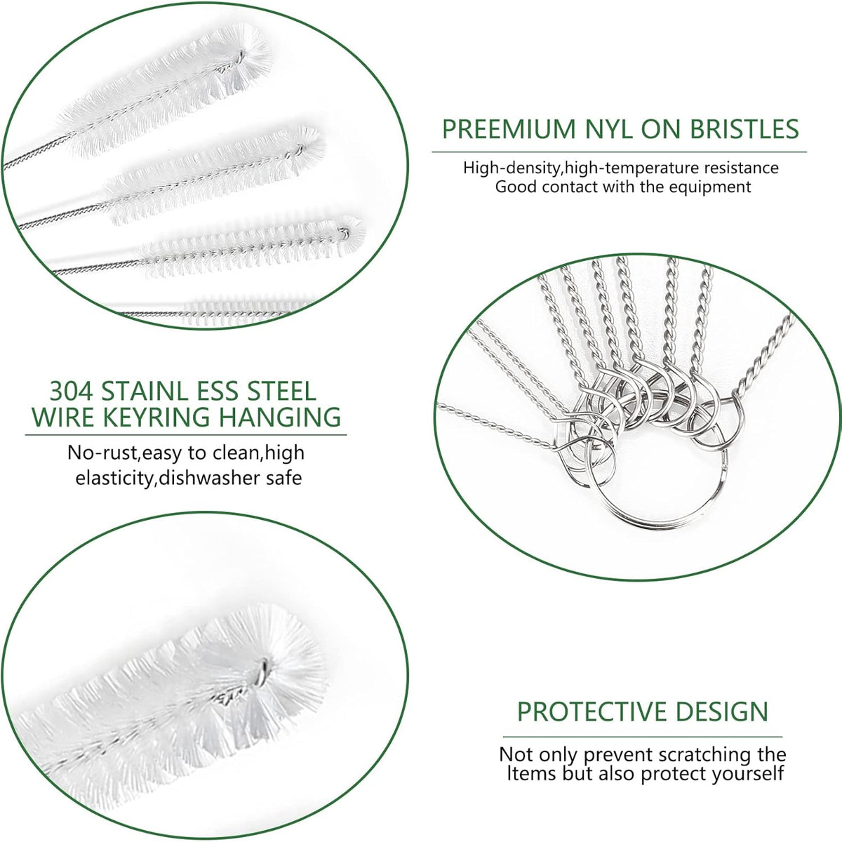 CiaraQ Bottle Cleaning Brushes, 8 Inch Nylon Tube Brush Set, Cleaner for Narrow Neck Bottles Cups with Hook, Set of 13pcs, White
