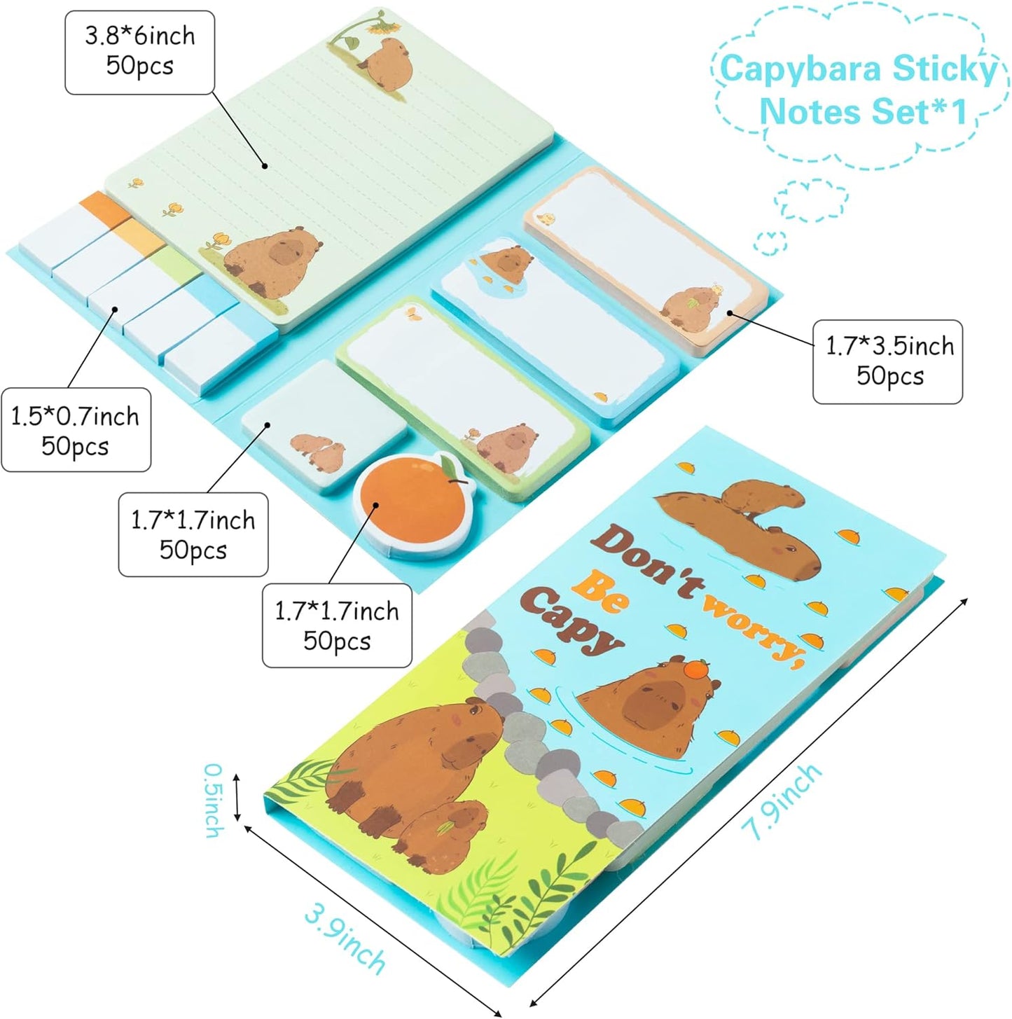 Xqumoi Don't Worry Be Capy Sticky Notes Set, 550 Sheets, Capybara and Orange Pattern Self-Stick Notes Pads Animal Divider Tabs Bundle Writing Memo Pads Back to School Office Supplies Small Gift