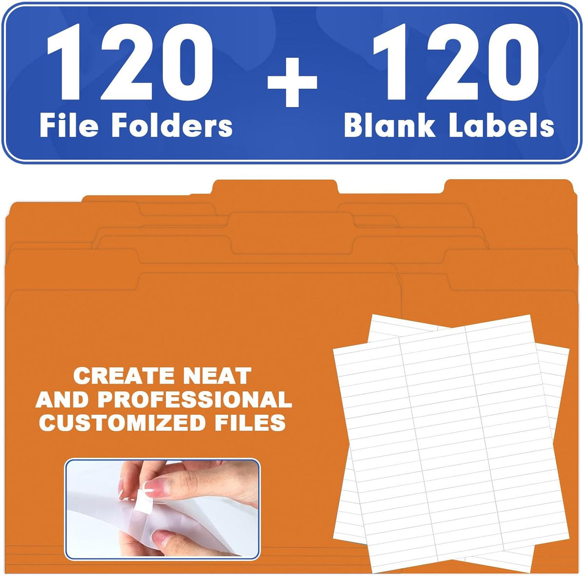File Folder, HERKKA 120 Pack 1/3 Cut Tab File Folders, File Folders Great for Organizing and Filing, Letter Size, Orange