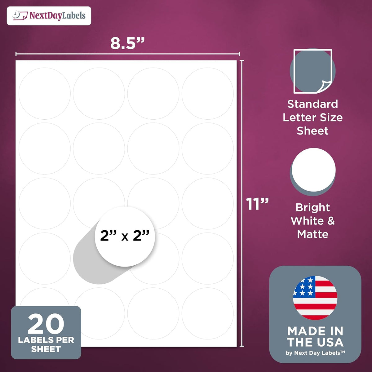 NextDayLabels - 2 Inch Round Stickers - Matte White Blank Laser/Inkjet Labels - Circle Stickers (250 Sheets, 5000 Labels)