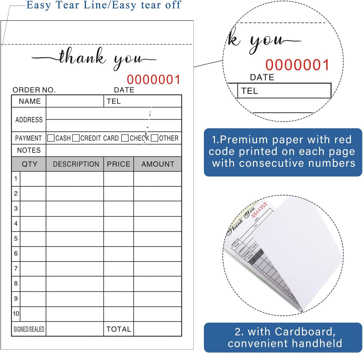 6 Pack Thank You Receipt Book, 3.4x5.5" Handheld 2-Part Carbonless Sales Invoice Book, Invoice Pad with Cardboard for Small Boutique Business, (50 Sets)