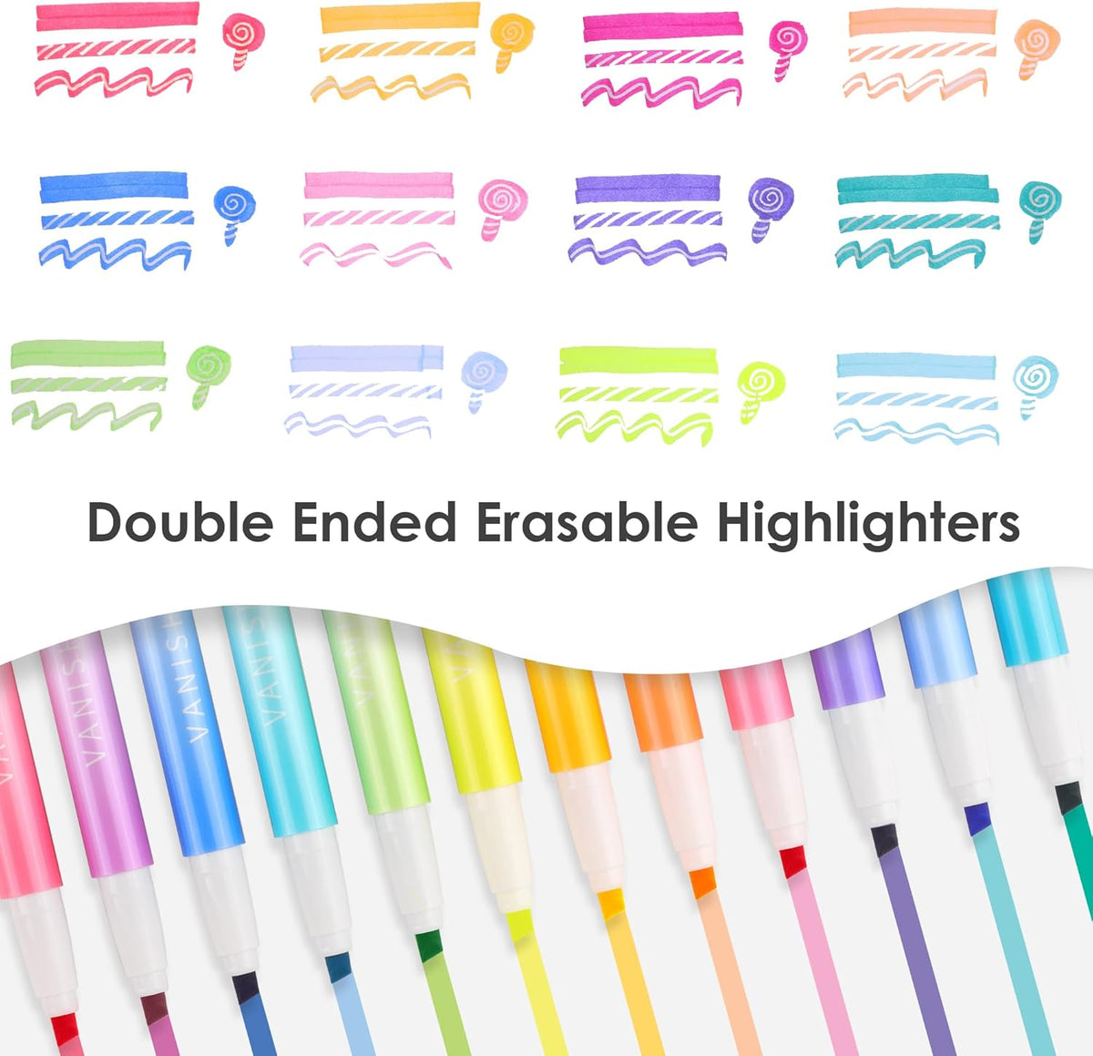 Erasable Highlighters Assorted Colors 12 Pack, Dual Tip Erasable Markers Pens, Chisel Tip Smooth Writing Journaling Highlighters School Office Supplies
