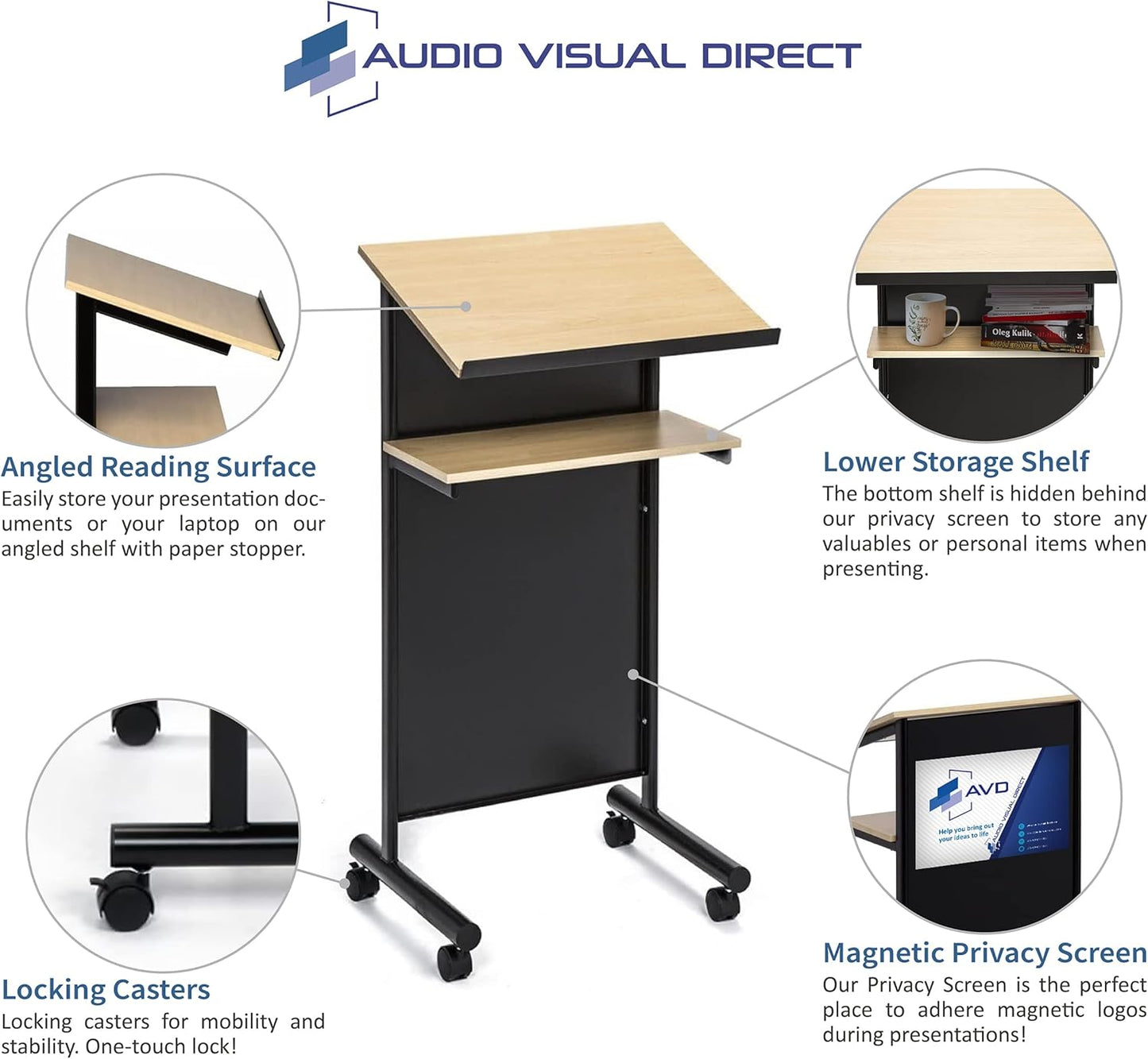 Audio-Visual Direct Wheeled Lectern - Standing Desk with Storage Shelf - Beech/Black - Ideal for Presentations and Laptop Use
