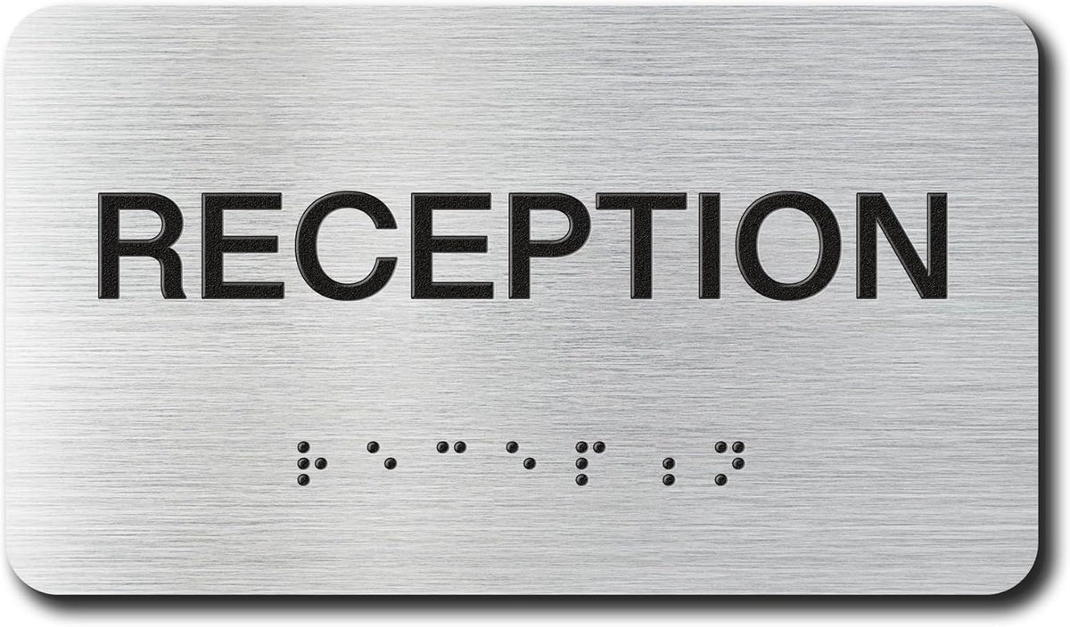 RECEPTION Signs with Raised Text & Grade 2 Braille, Brushed Aluminum/Silver Finish Easy Install with Double-Sided Tape, ADA Compliant Office Door Sign