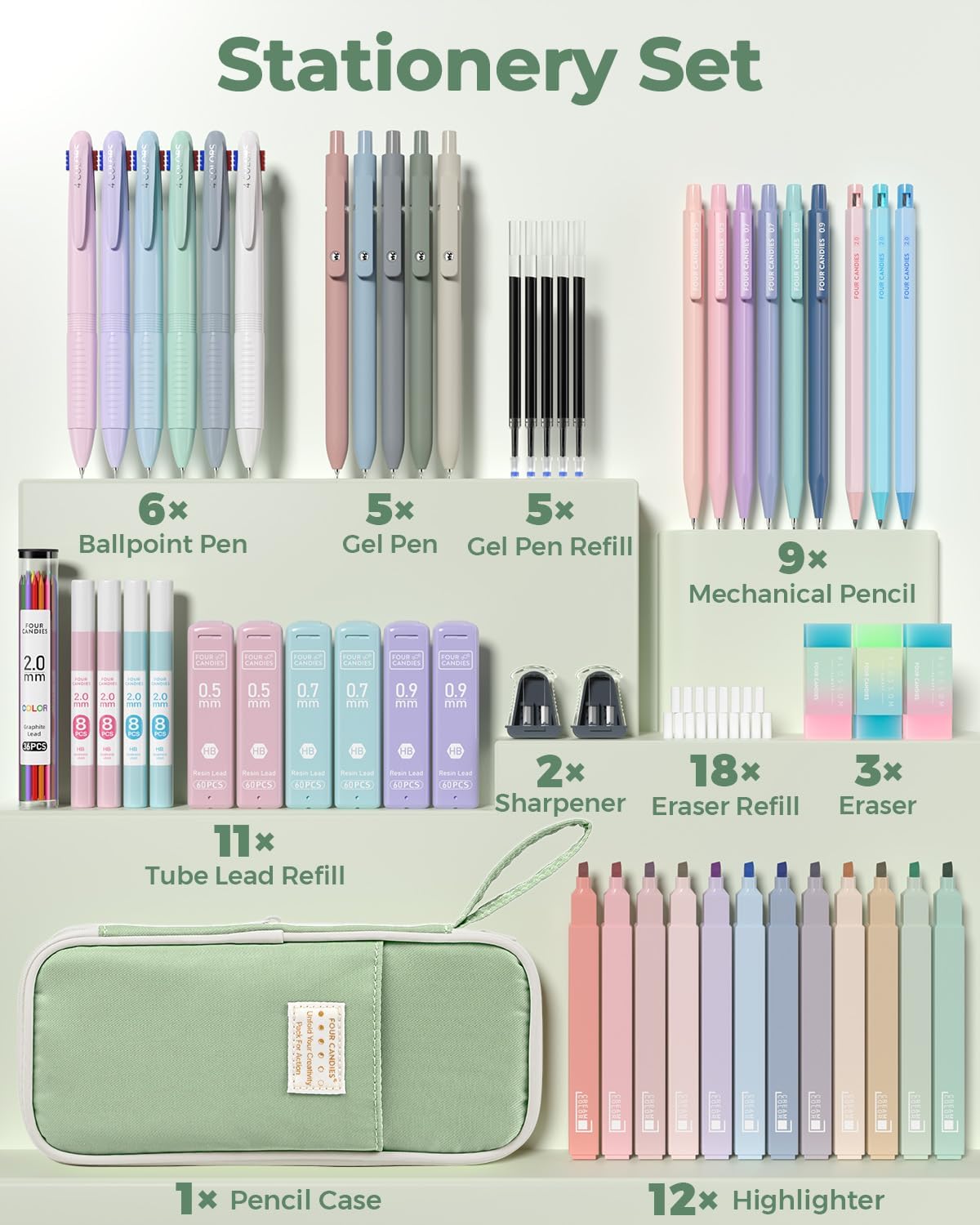 Four Candies 56 PCS Aesthetic School Supplies with Pencil Case, 6 Multicolor Pen, 12 Pastel Highlighters, 5 Gel Pens Black Ink, 9 Mechanical Pencils for Student Stationary Set Preppy Stuff (Green)