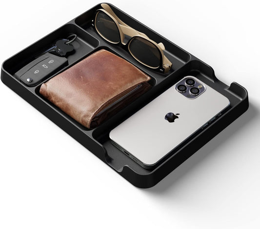 Pocket Deck Valet Tray (Black) for Men. Everyday Carry EDC Caddy Bamboo Organizer. Perfect for Night Stand, Bedside, Dresser, Desk, Office, Bedroom. with Phone Charger. Storage Slots for Wallet, Keys