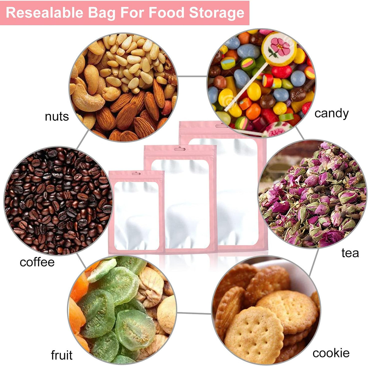 300 Pack 3 Sizes Resealable Mylar Bags Food Storage Smell Proof Bags with Front Window Packaging Pouch for Sample Snack Cookies Jewelry (Pink, 3 x 4.7 inch,4 x 6 inch,4.7 x 7.9 inch)