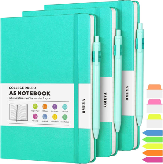 Lined Journal Notebook, 3 Pack A5 College Ruled Notebooks for Work, Hardcover Notebook Each with 2 Pockets & Pen, Leather Journal for Women, Men, 160 Pages, 100GSM Thick Paper ( Blue 5.7" x 8.3" )