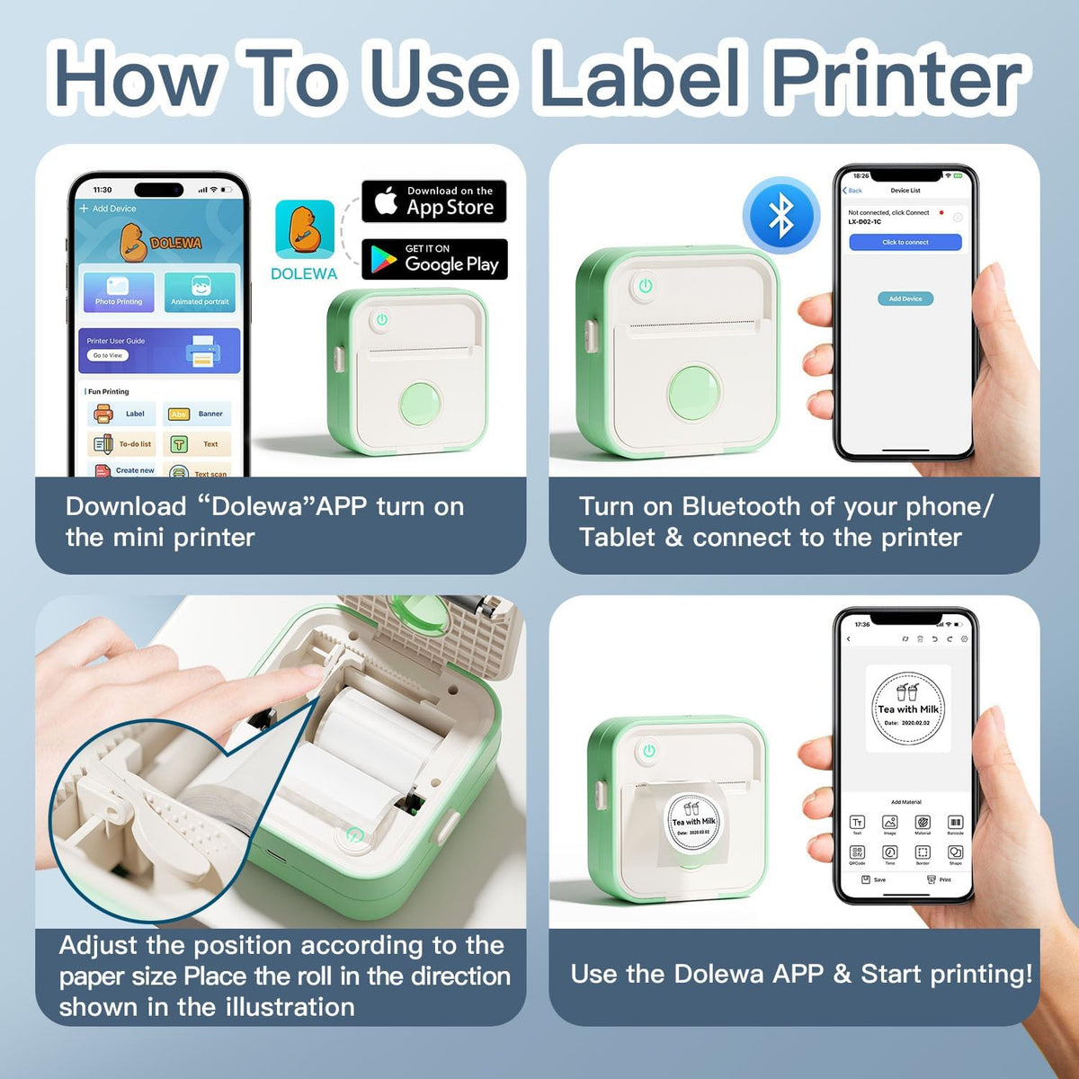 Label Maker Machine, HD Mini Sticker Printer with 7 Rolls Paper, Portable Thermal Print Pod Supports 12-57mm Papers,Bluetooth Pocket Printer for Home,Kitchen,School (Green)