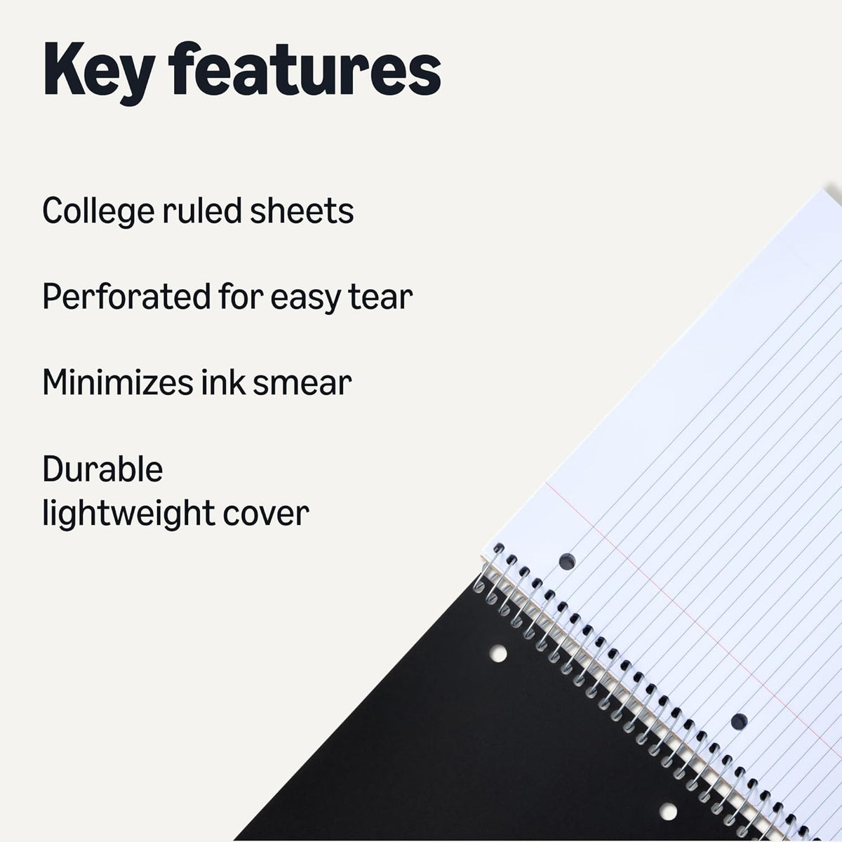 Amazon Basics 3 Subject College Ruled Spiral Notebook, Poly Cover, 150 Sheets, 8-1/2" x 11", Black, 1 pack