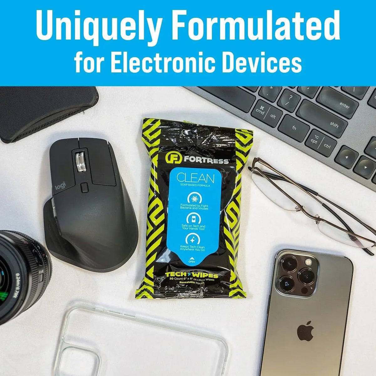 Fortress Electronic Wipes With Microfiber Cloth (25 ct, Pack of 6) To-Go Tech Wipes for Screens, Phones, Keyboards, TV Monitors, Computer Screens, and More [Travel Size] Skin-Safe