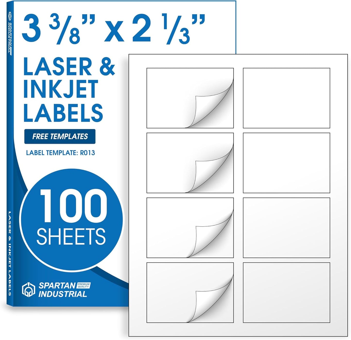 3 3/8" X 2 1/3" Matte White Name Tag Labels Compatible with Inkjet and Laser Printers - 100 Sheets, 800 Total Paper Stickers - Spartan Industrial