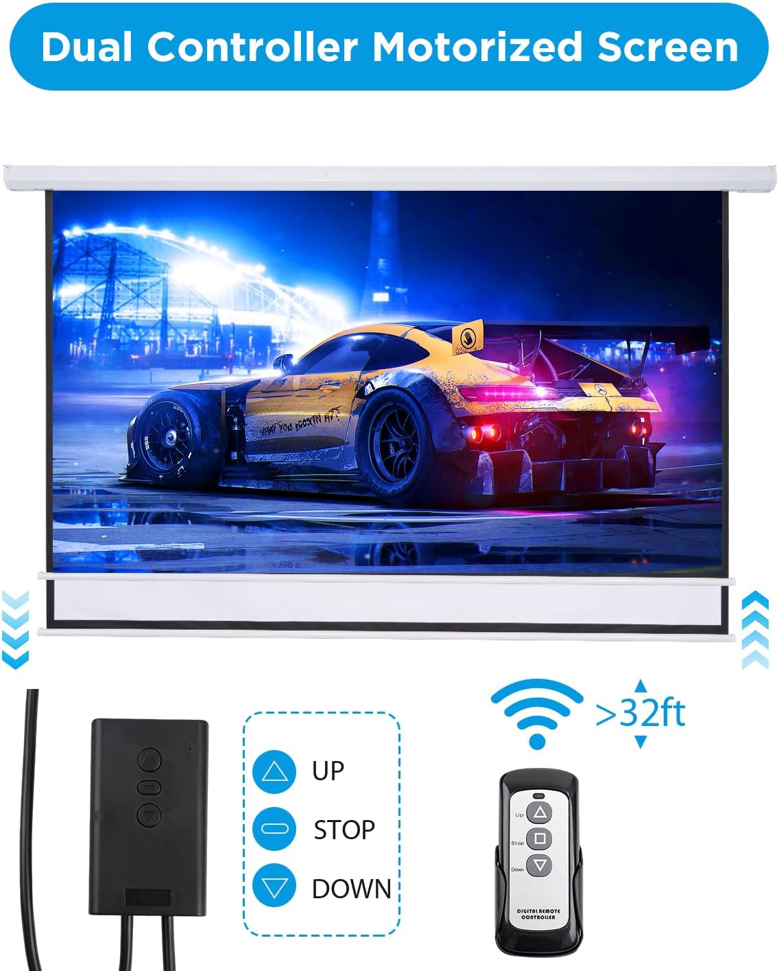 Projector Screen Pull Down 120 Inch Automatic Projector Screen with Remote Control and Ceiling Mount Hooks, Electric Motorized Projection Screen Retractable White Movie Screen 4:3 Outdoor Indoor