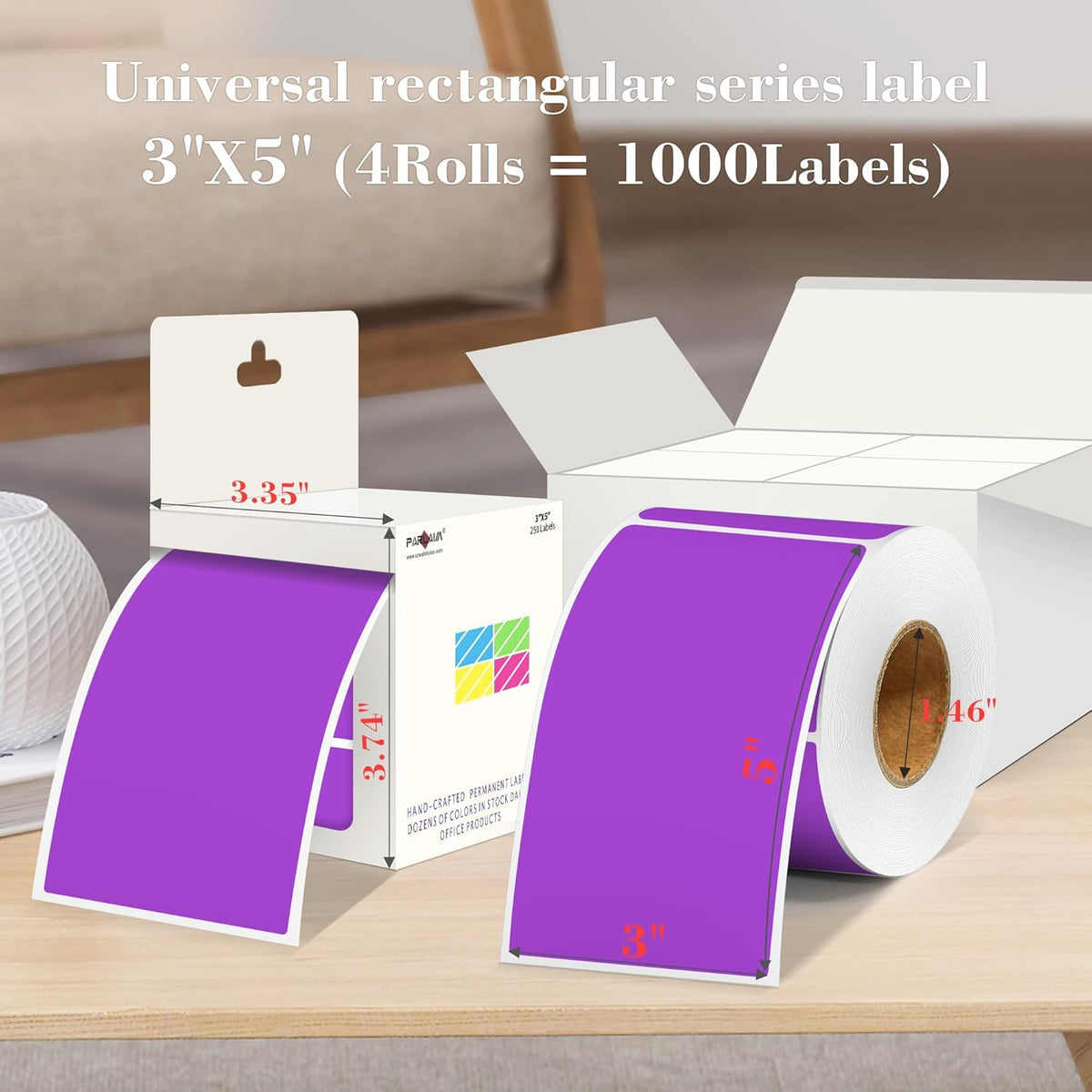 PARLAIM 3x5 inch Rectangle Color Code Stickers, 1000PCS 4 Rolls Square Adhesive Inventory Label, Purple
