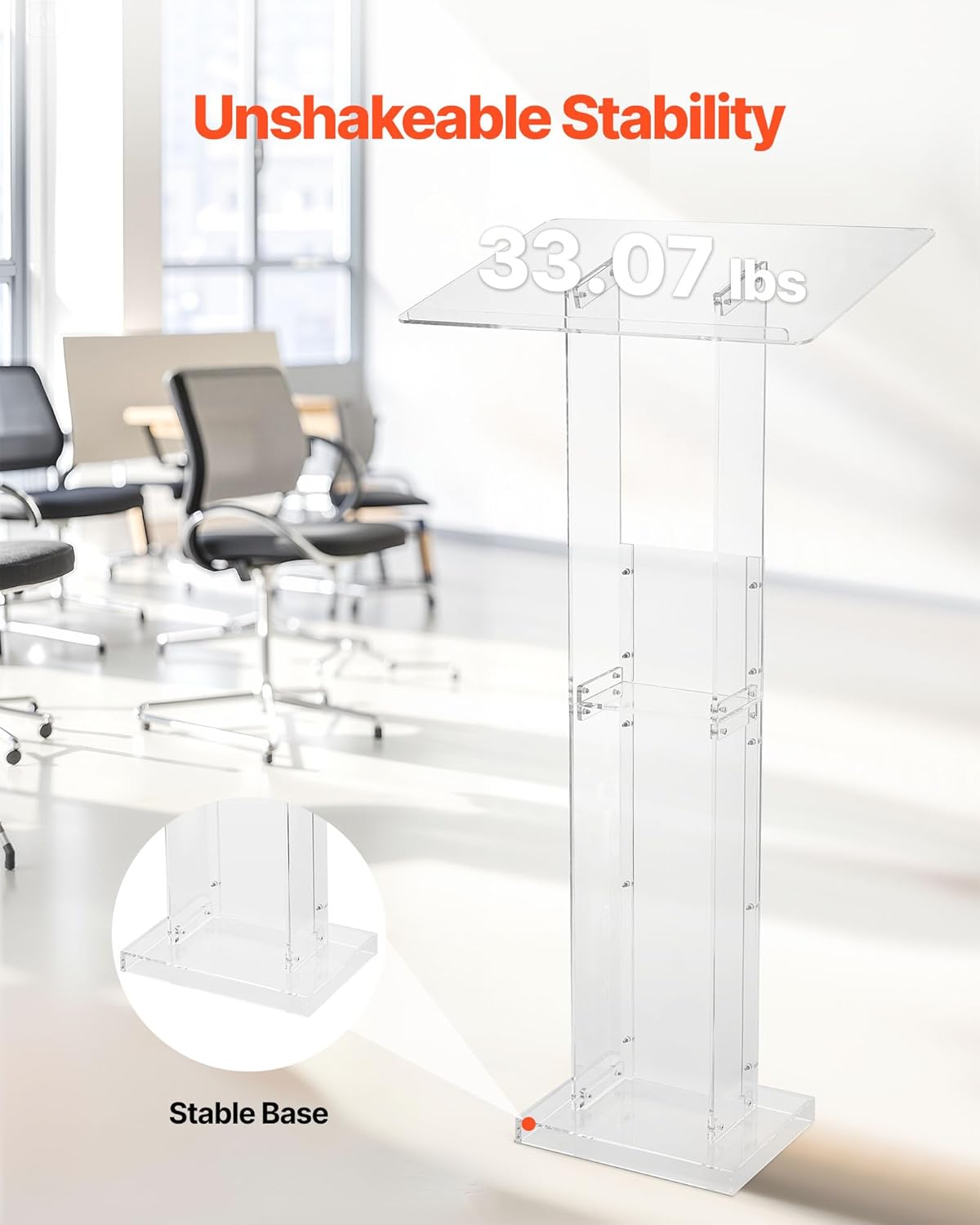 VEVOR Podium Stand, 50-Inch Acrylic Lectern, Portable Laptop Desk with Wide Reading Surface and Storage Shelf, Book Stopper, Floor-Standing, for Classroom, Wedding, Conference, Lecture and Concert