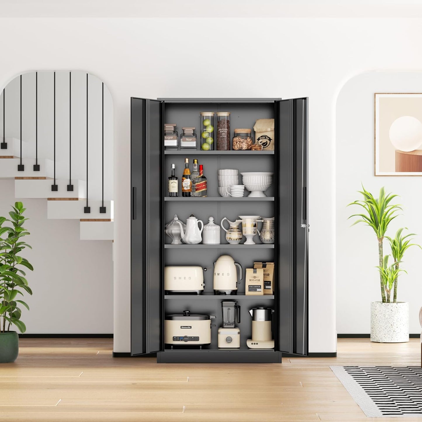 SUNCROWN 72" Metal Storage Cabinet - Heavy-Duty Metal Garage Cabinet with 4 Adjustable Shelves & 2 Doors for Tools, Office, Home, Workshop,Black-Small