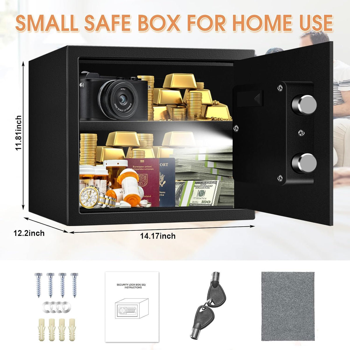 1.6 Cub Small Safes for Home Use, Digital Security Home Safe Box with Programmable Keypad, Spare Keys and Alarm System, Anti-Theft Lock Box Personal Safe for Money Medicines Valuables