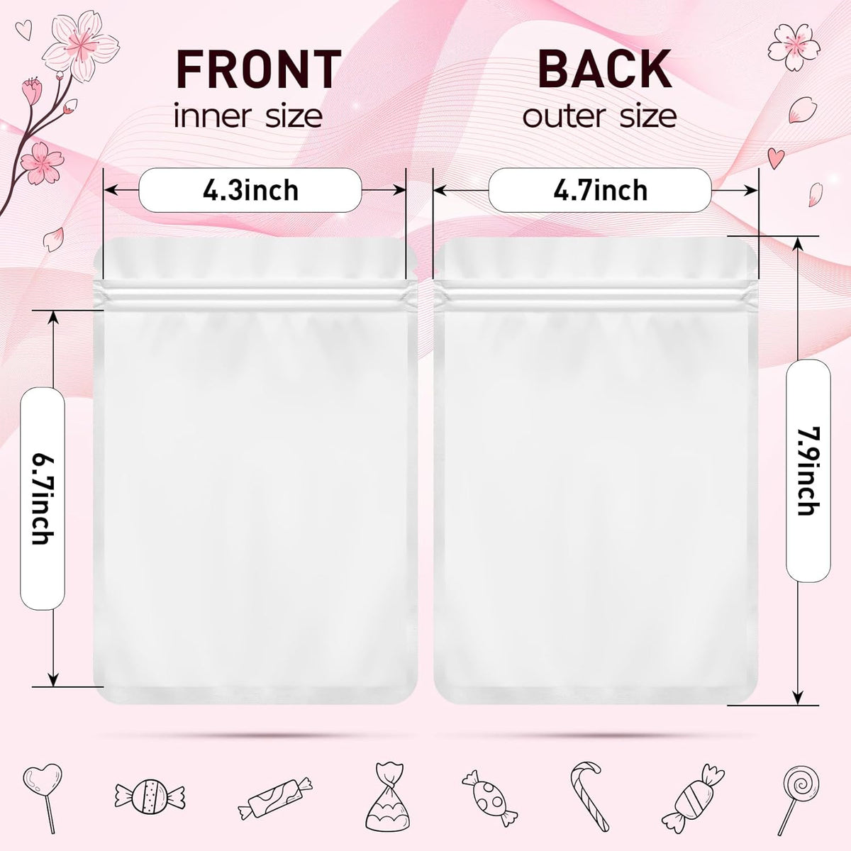 Funfery 100 Pack White Mylar Packaging Bags Resealable Bags Double Sided Color Odor Proof Pouch Baggies Smell Proof Foil Bag for Food Storage,Small Business(White,4.7x7.9inch)