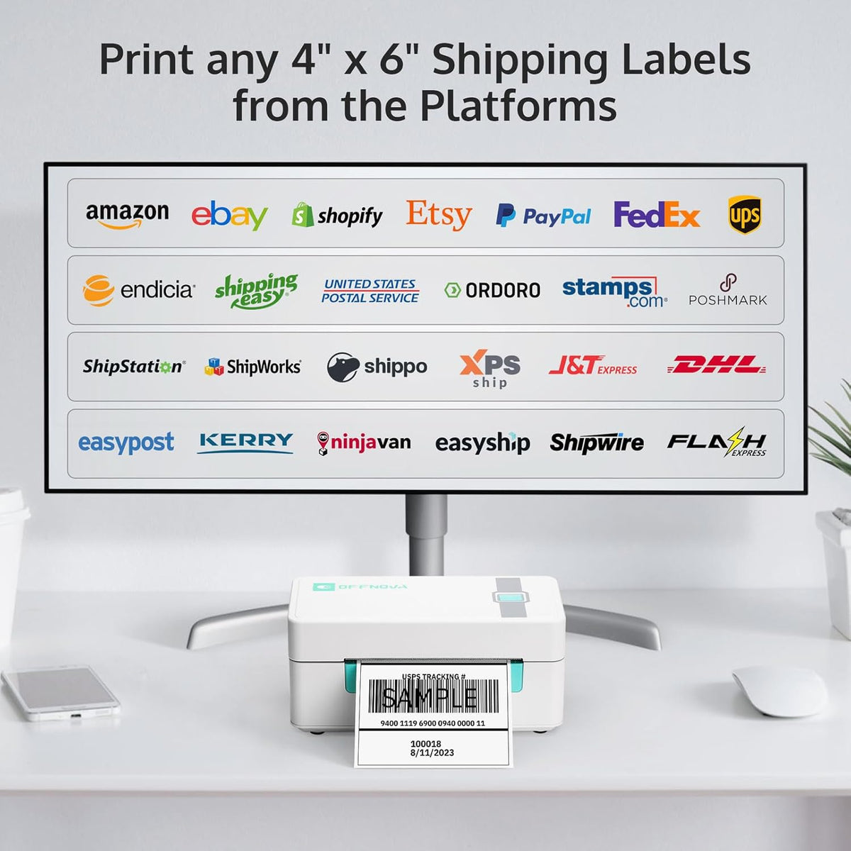 OFFNOVA Shipping Label Printer, Bluetooth Thermal Label Printer 4x6 for Small Business and Shipping Packages, Supports Windows Mac iOS Android, Works with USPS Ebay Shopify Etsy