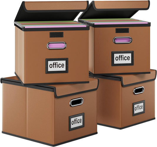 Huolewa Portable Leather File Organizer Boxes with Lids, Office Document Boxes Organizer, Filing Boxes, Decorative Small File Boxes for Hanging Files with Plastic Slide for Office/Decor/Home