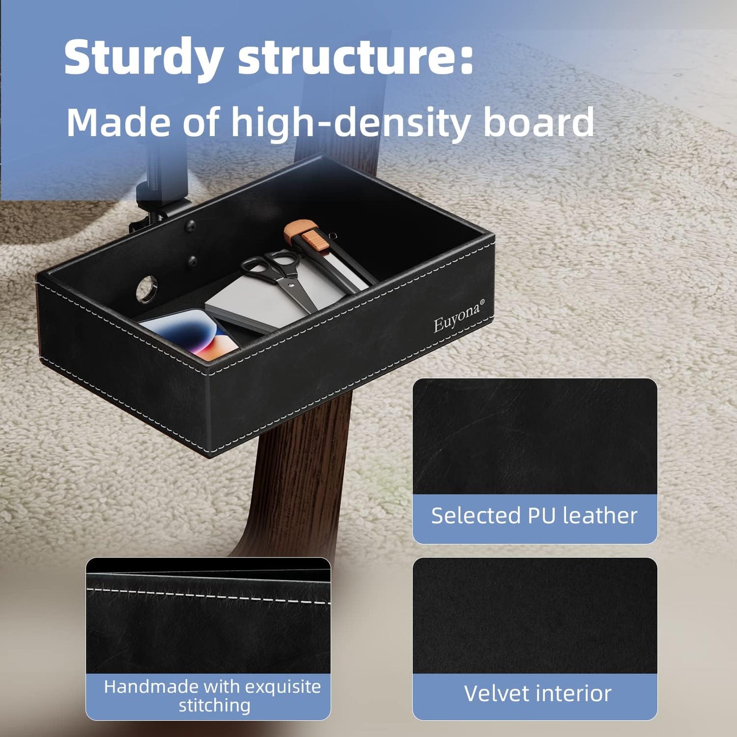 PU Leather Under Desk Organizer with 360° Rotating Clamp – for Computer Accessories, Stationery, Remote Control & Phone Storage, Black