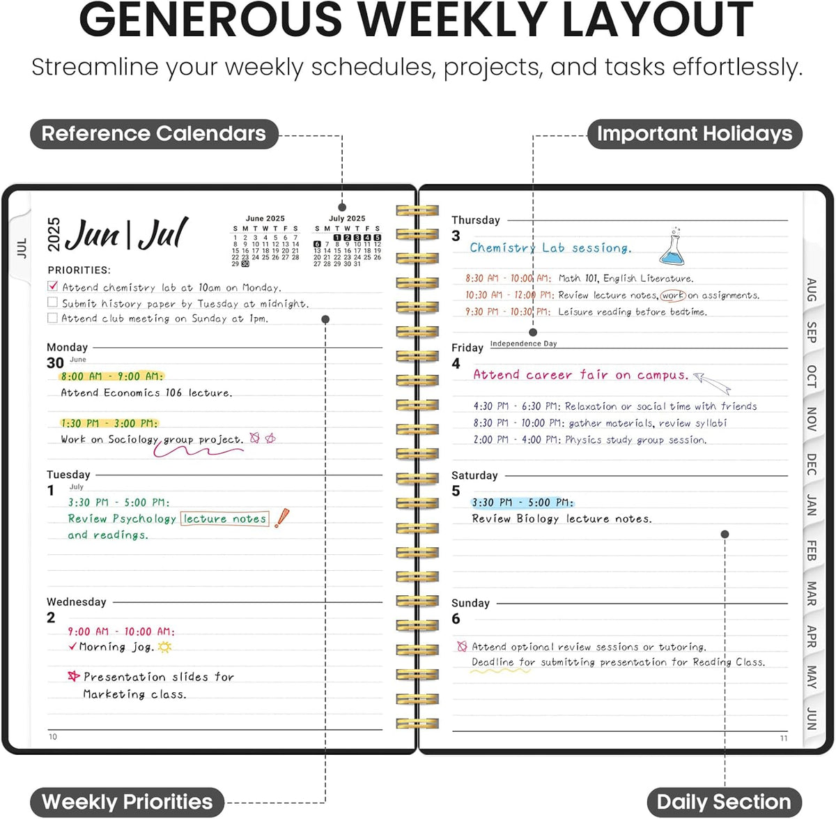Planner 2025-2026, Academic Year Weekly and Monthly Calendar Planner, July 2025 - June 2026, Spiral Bound School Planning Tool, Perfect for Teacher, Student, Woman & Men - A4 (8.5" x 11"), Black