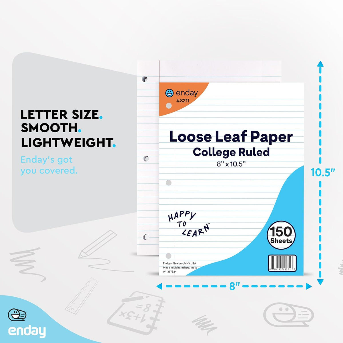 Loose Leaf Paper College Ruled Notebook Paper, 8" x 10.5" Filler Paper White, 3 Hole Punched Binder Paper for 3 Ring Binders, Lined Paper 150 Sheets Per Pack (4 Pack) - By Enday