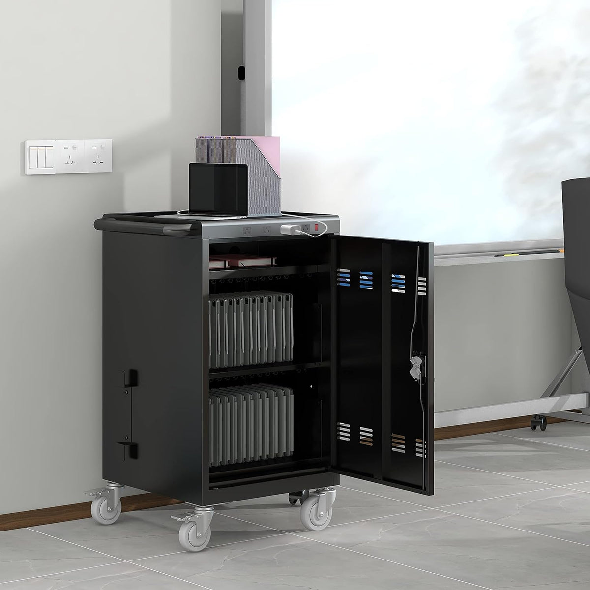 36 Device Charging Cart, Laptop and Tablet Storage Cart, Holds Up to 16.3" with Cord Management, Front and Rear Door Locks, Classroom or Office Charging Cabinet.Black with 4 Position Power Strip