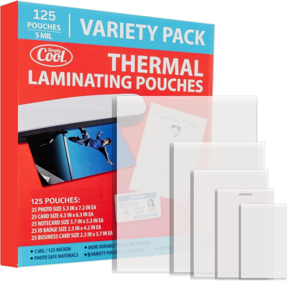 5MIL Thermal Laminating Sheets (125 Count) Photo, Card, Notecard, ID Badge, and Business Card Sizes, Dry-Erase Friendly Laminating Pouches, Compatible with Laminators, Crystal Clear Laminated Finish