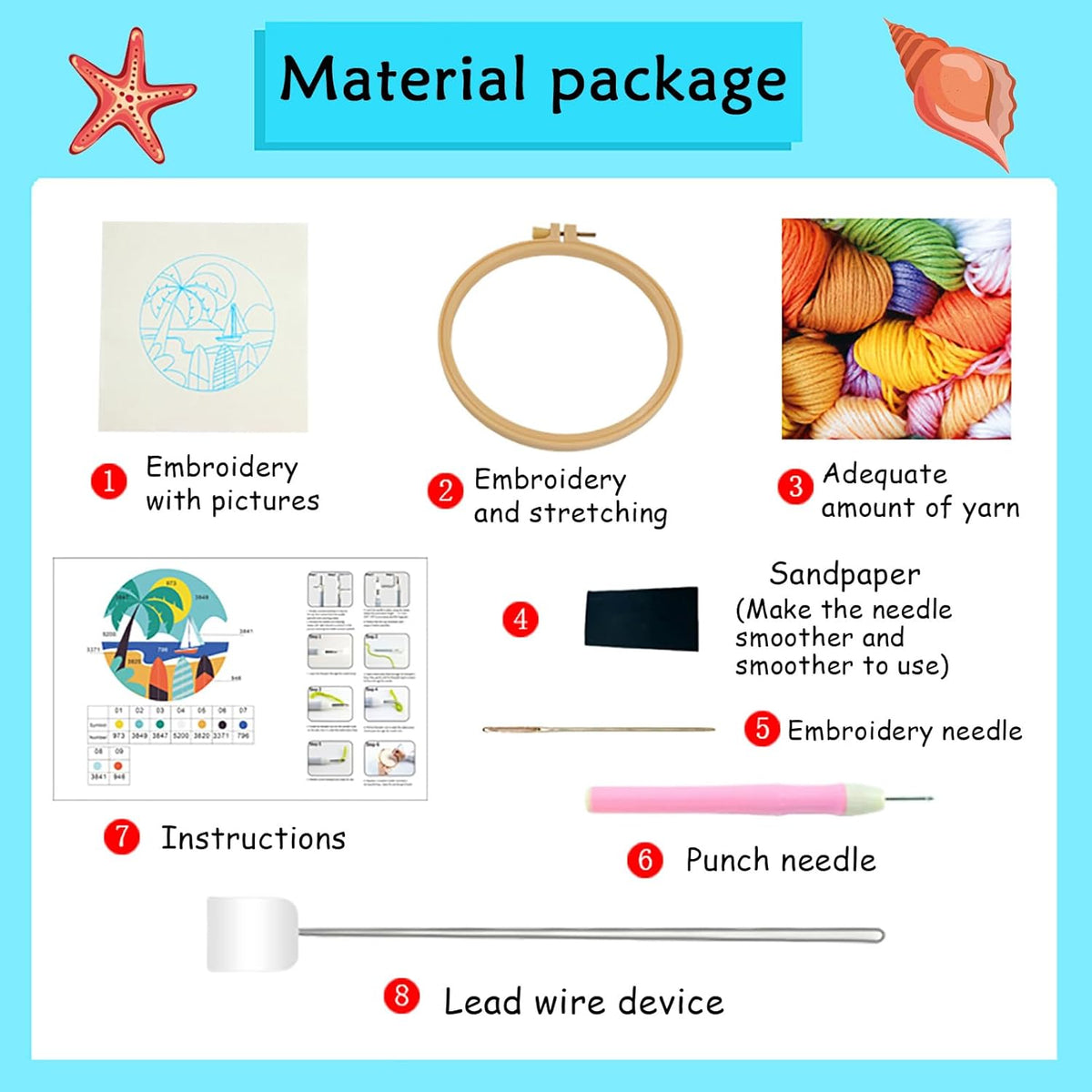 ILYUFO Punch Needle Kits Adults Beginner DIY Dreamy Beach Style 8 in Hoop Embroidery Set Starter Punch Needle Tool for Art Crafts, Ideal for All Ages, Perfect Festival Decoration & Gift (Swim)