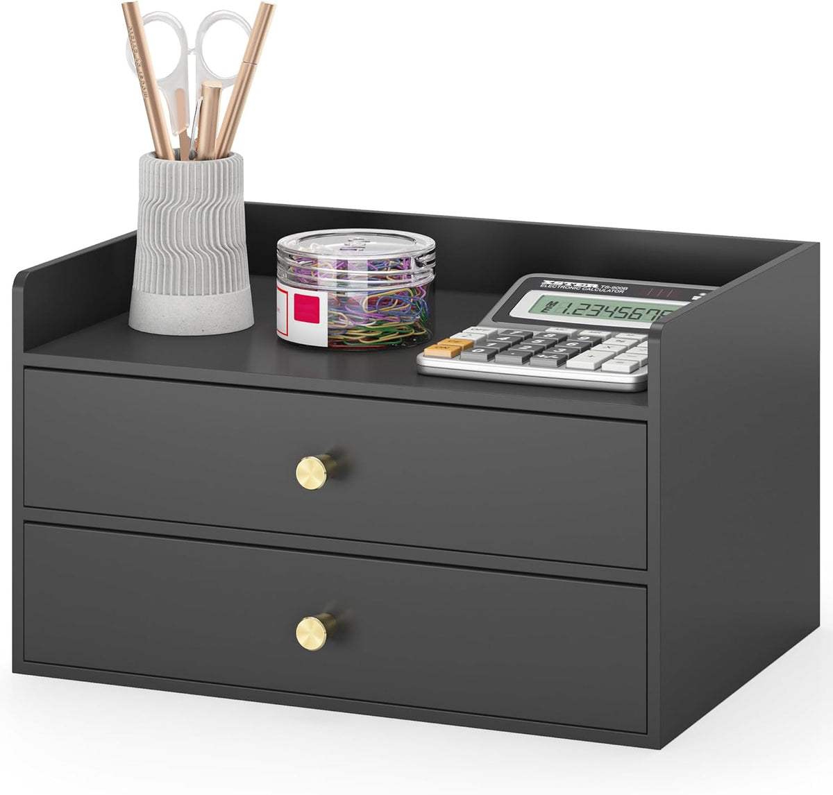 Bamboo Desk Organizer - Stackable, No Assembly Required, Ideal for Office/Home Use - Perfect for Toiletries, Stationery, Accessories. (Black, Two level drawer box with sides)