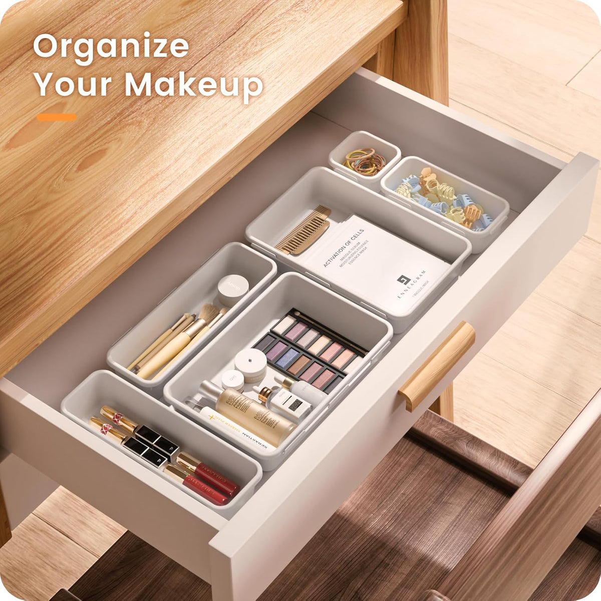 【28PCS】A-LUGEI Drawer Organizer, Bathroom Organizers and Storage, Makeup organizer, Desk drawer organizer, Storage Bins for Kitchen Office Bedroom Vanity Jewelry Pantry Garage【White】【4Size】