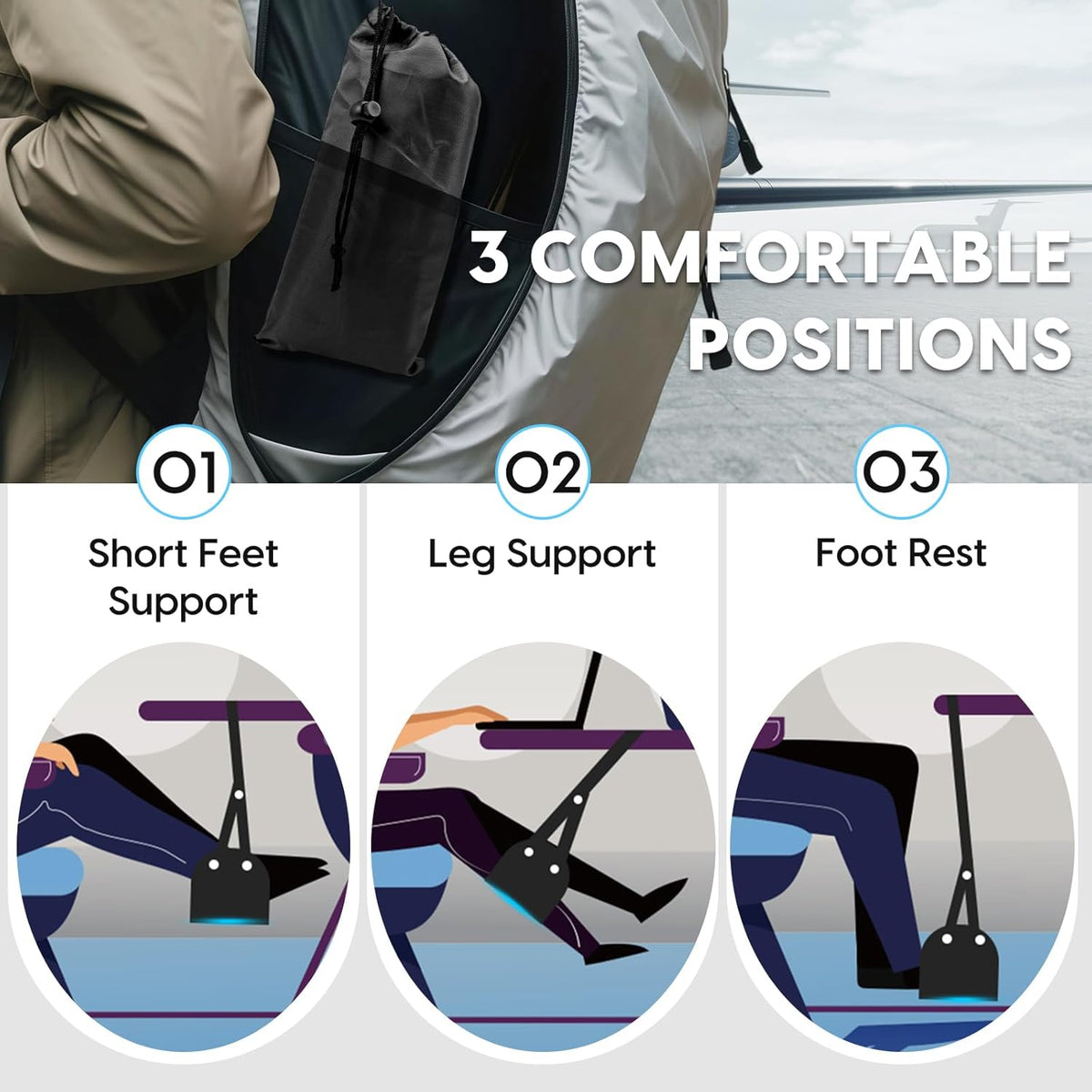 Foot Hammock for Plane Travel, 2-Pack Perfect Airplane Foot Hammock to Relax Your Feet, Portable Airplane Foot Rest with Adjustment Strap, Travel Essentials for Comfortable Long Flight (Black)