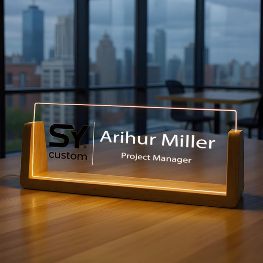Custom Name Plate for Desk with Light Up Acrylic & Wooden Base - Personalized Office Sign for Teacher, Boss, Coworker - Employee Appreciation Gift for Educators Professionals