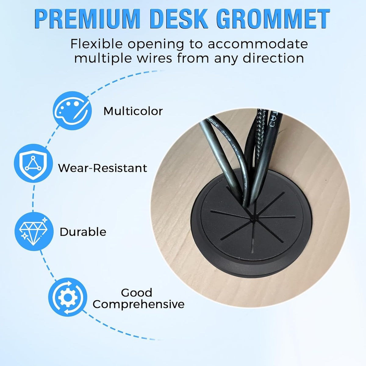 Desk Grommet 2-1/16" (53 mm), Desk Hole Cover for Cables Black, Cable Grommet ABS Plastic, Desk Hole Grommet for Office and Home Table Cable, Detachable & Flexible Cable Cord Organizer-4 Pcs