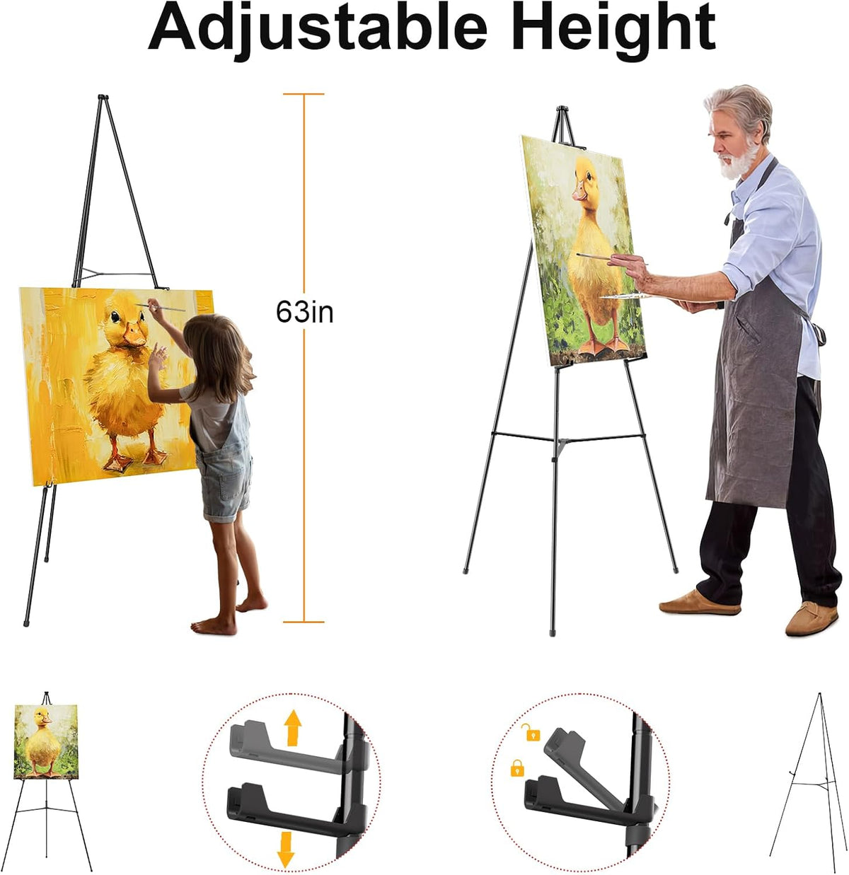 Nicpro Folding Easels for Display, 3 Pack 63 Inch Metal Floor Easel Stand Tripod Black Portable for Artist Poster Wedding with Carry Bag