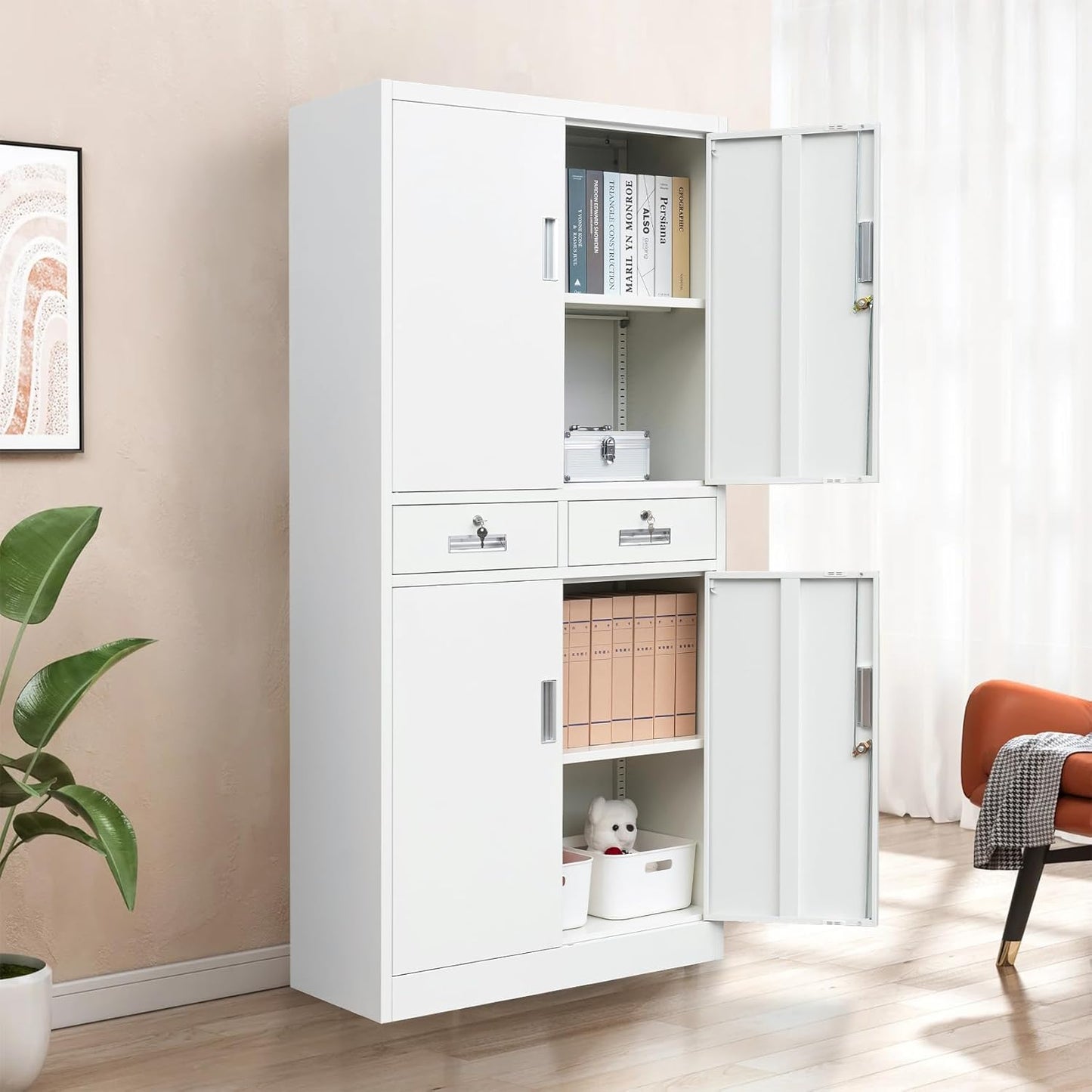 BESFUR Metal Storage Cabinet, Locking Storage Cabinet with Drawers and Adjustable Shelves for Garage, Office, Classroom - White