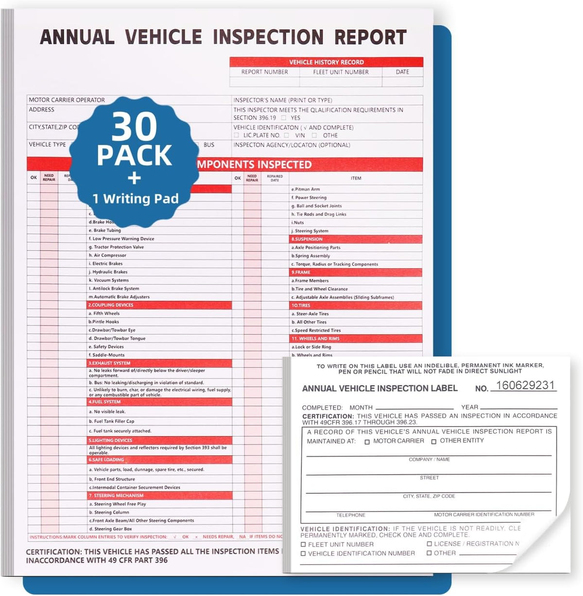 30-Pack Annual Vehicle Inspection Report Form, 3-Ply Carbonless Form and Hardboard, Includes 30-Pk 2-Ply FMCSA Vinyl Adhesive Label for Annual Inspections, DOT Compliant