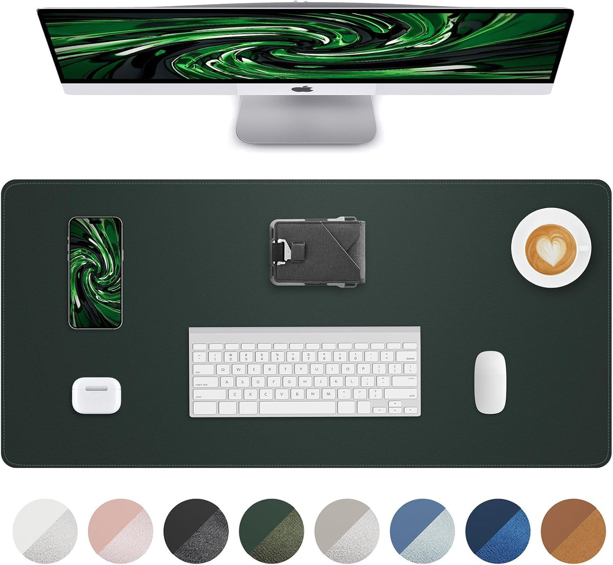 Leather Desk Pad Protector, Large Mouse Pad and Non-Slip Mat, Waterproof PU Leather Blotter Mat for Office and Home (Dark Green, 36" x 17")